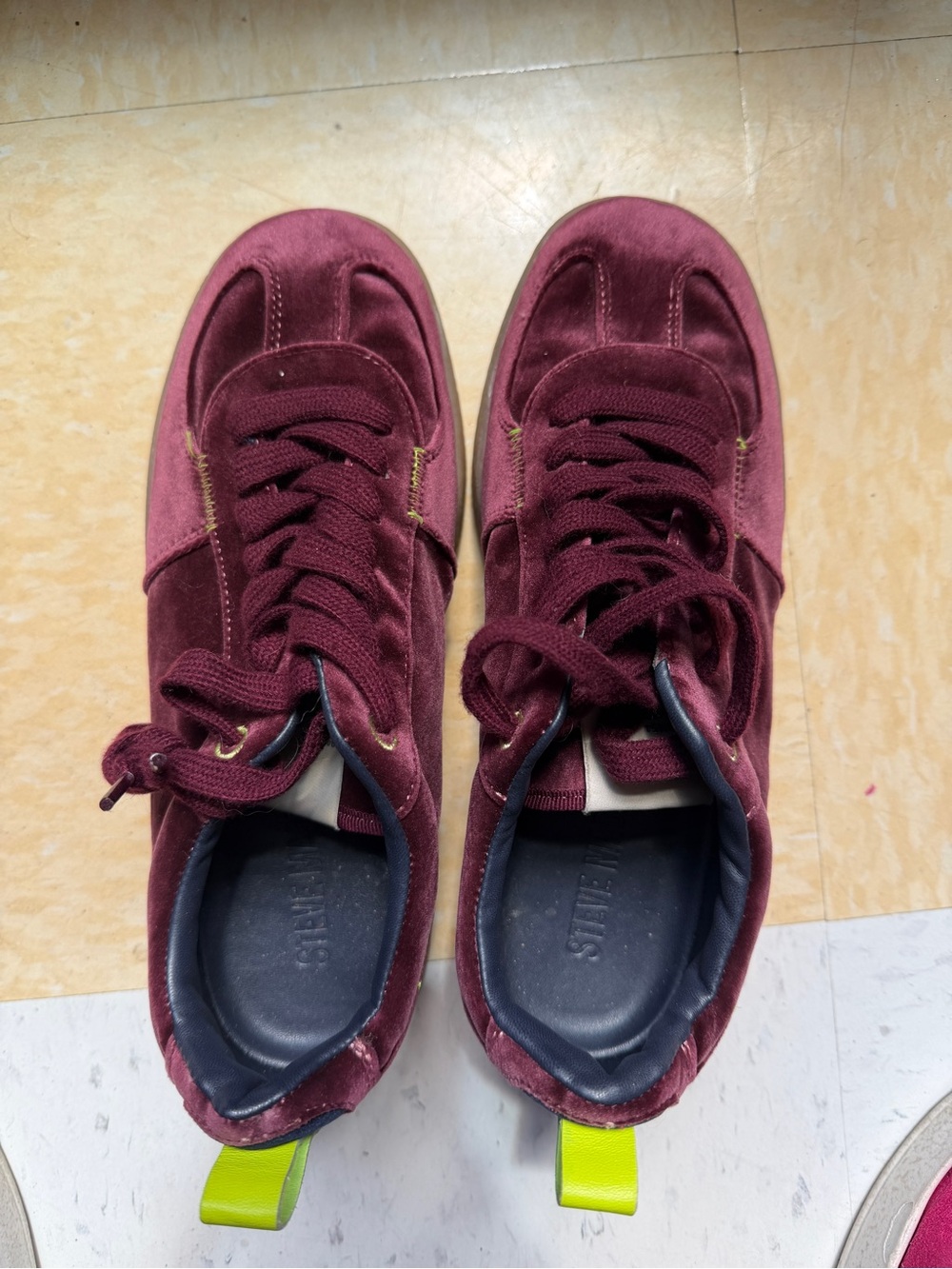 Steve Madden Burgundy Velvet Sneakers with Neon Yellow Pull Tabs
